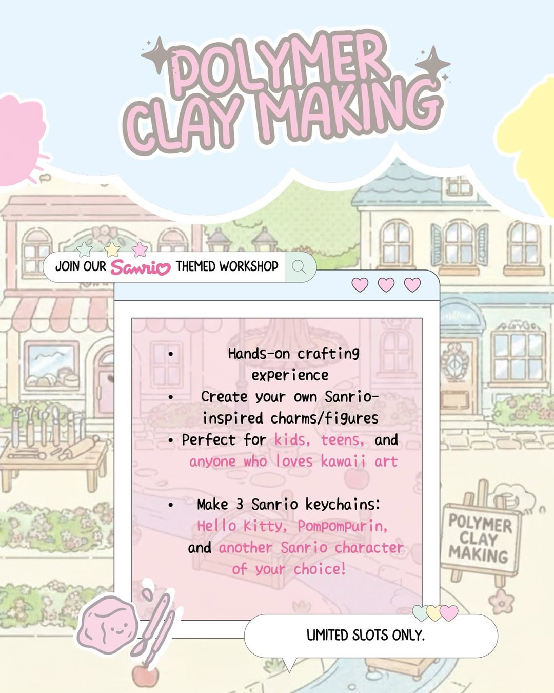 JAN 24: Crafter’s Marketplace x Kyodo | Sanrio-Themed Polymer Clay Making Workshop JAN 24: Crafter’s Marketplace x Kyodo | Sanrio-Themed Polymer Clay Making Workshop